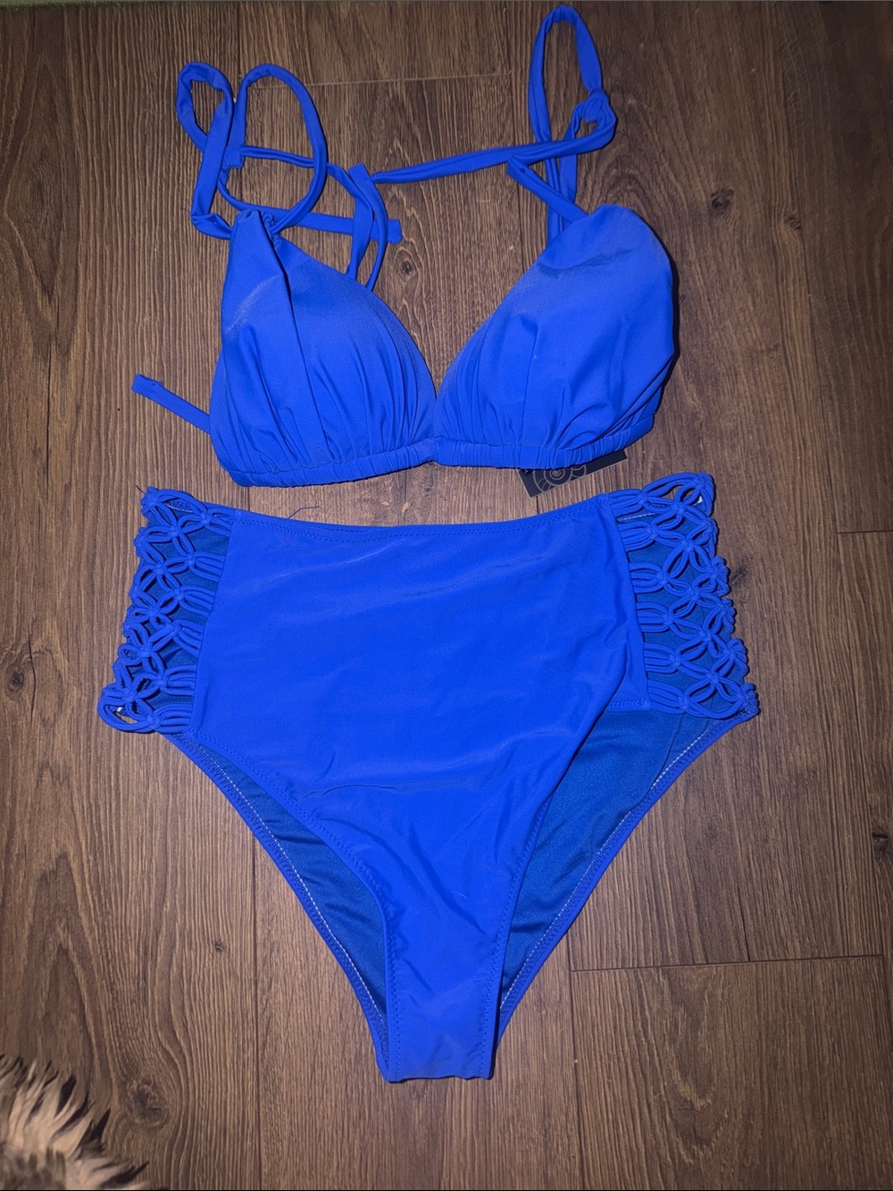 High-Waist Macramé Side Bikini Set in Cobalt Blue